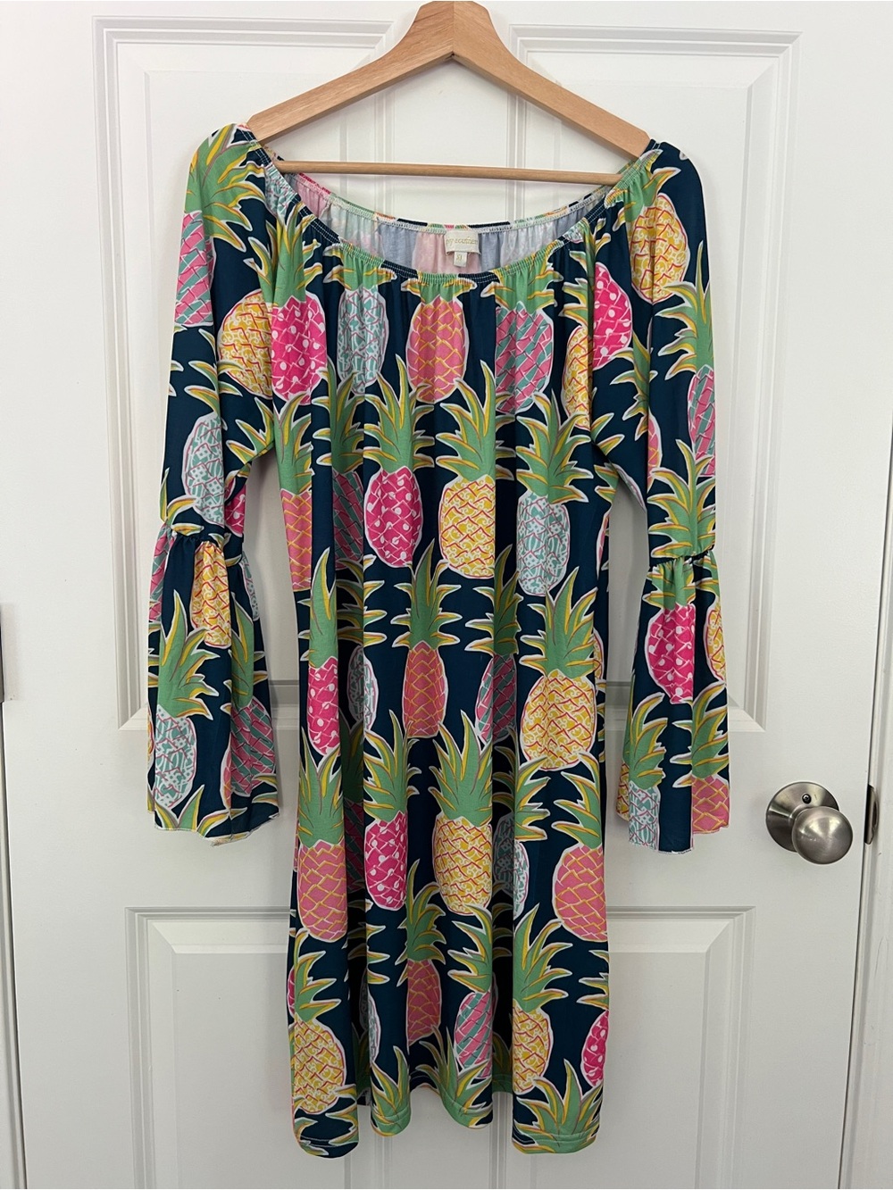 Simply Southern Pineapple Print Bell Sleeve Off Shoulder Dress Navy Pink XL